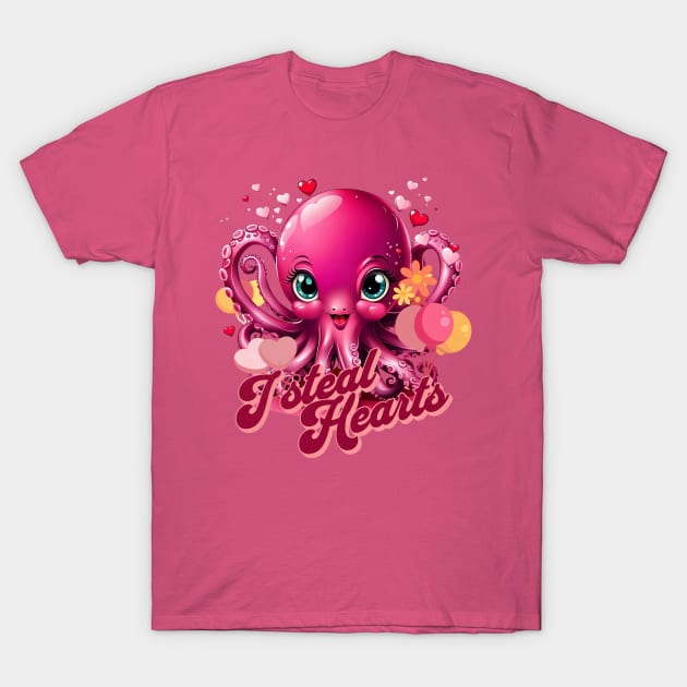 Octopus With Hearts Balloons Valentines Day I Steal Hearts T-Shirt by alcoshirts